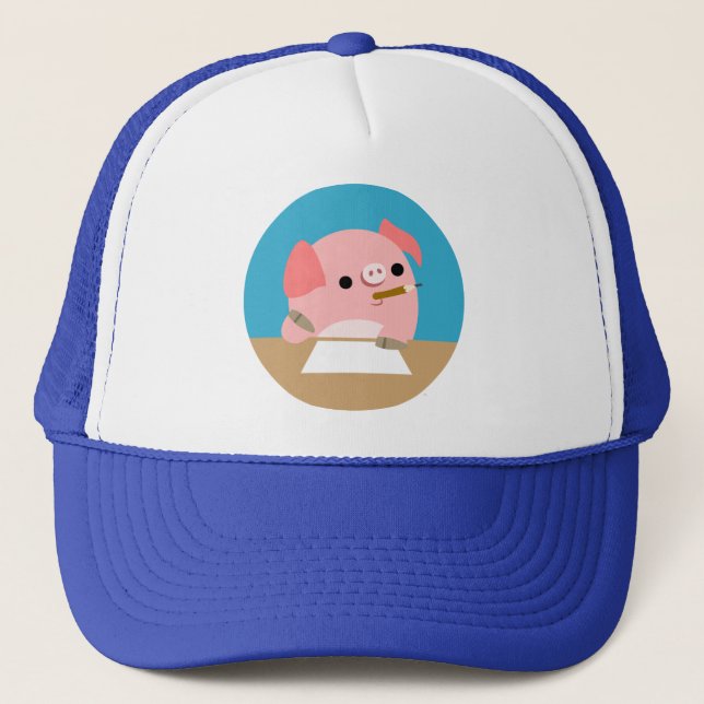 Cute Little Cartoon Pig "Writer's Block" Hat (Front)