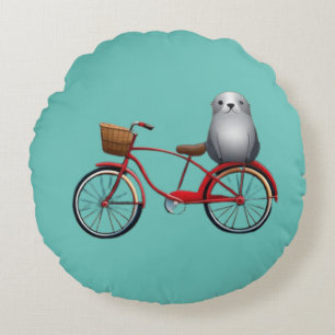 Cute little cartoon seal on a bicycle round pillow