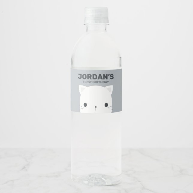 Cute Little Cat Birthday Water Bottle Label (Front)