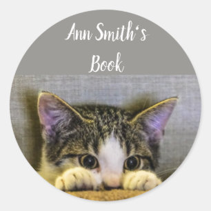 Cute Little Cat Book Plate to Customize Classic Round Sticker