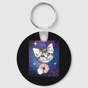 Cute Little Cat Eating A Doughnut In Space Animal  Keychain