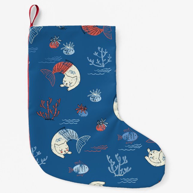Cute little cat mermaid seamless pattern. Textured Small Christmas Stocking (Front)