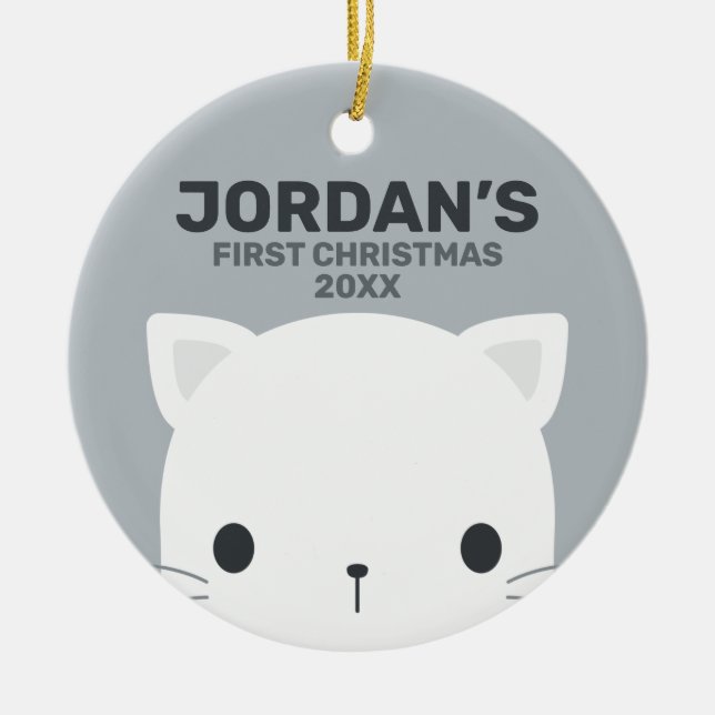 Cute Little Cat with Personalized Name Ceramic Ornament (Front)