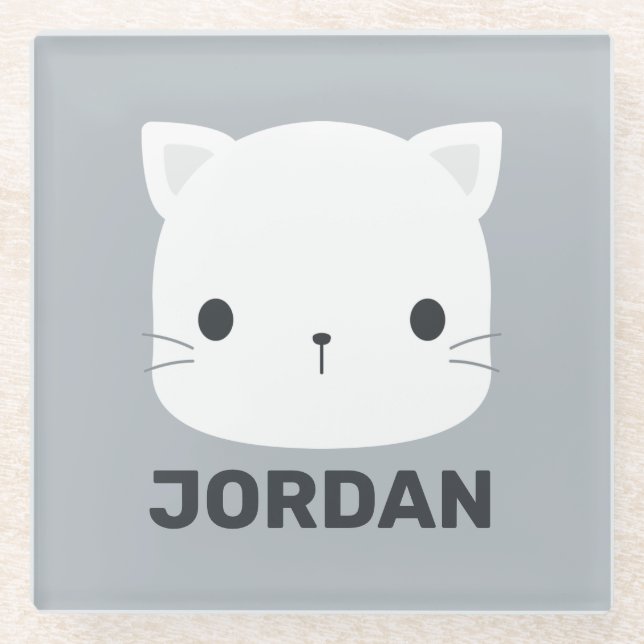 Cute Little Cat with Personalized Name Glass Coaster (Front)