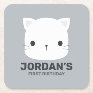 Cute Little Cat with Personalized Name Square Paper Coaster