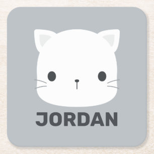Cute Little Cat with Personalized Name Square Paper Coaster