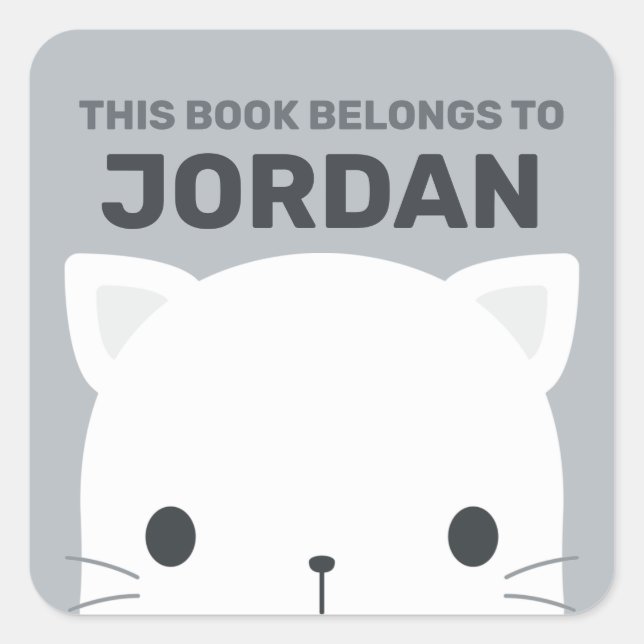Cute Little Cat with Personalized Name Square Sticker (Front)