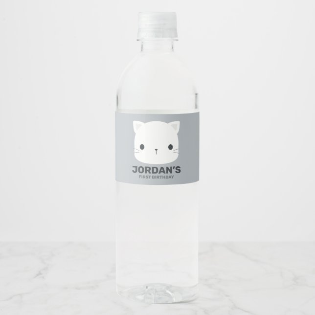 Cute Little Cat with Personalized Name Water Bottle Label (Front)