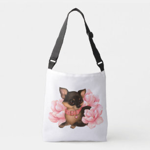 Cute little chihuahua dog with pink flowers crossbody bag