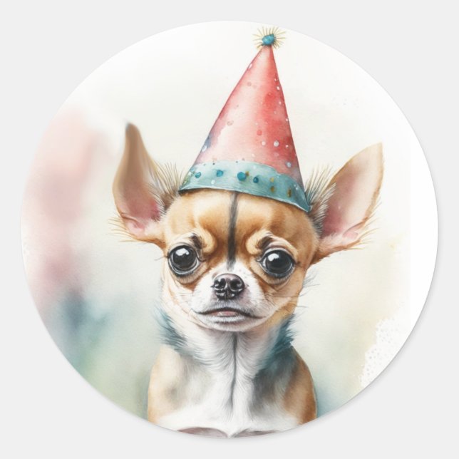 Cute Little Chihuahua with Birthday Hat Classic Round Sticker (Front)