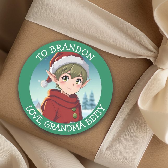 Cute Little Christmas Elf Personalized to and from Classic Round Sticker (Creator Uploaded)