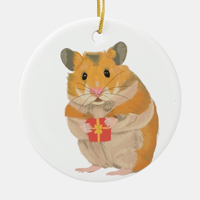 Cute little Christmas Hamster holding a present Ceramic Ornament (Front)