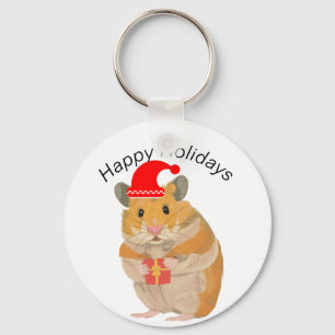 Cute little Christmas Hamster holding a present Keychain