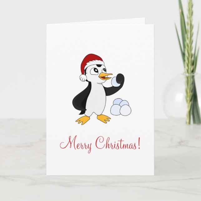 Cute little Christmas penguin with a snowball Holiday Card (Front)