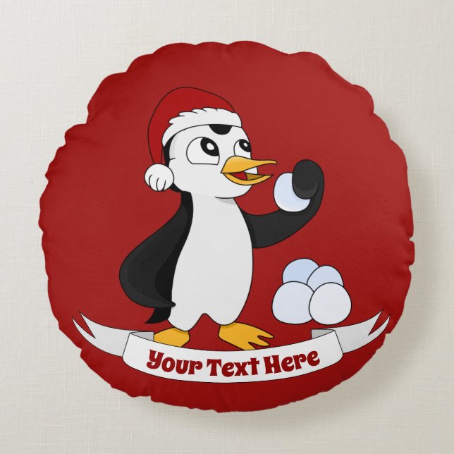 Cute little Christmas penguin with a snowball Roun Round Pillow (Front)