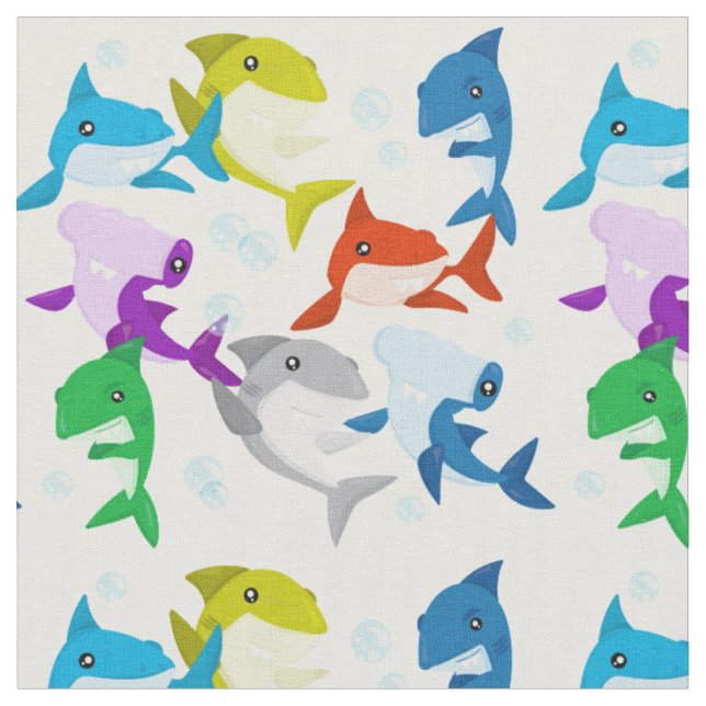Cute Little Colourful Sharks Fabric (Close Up)