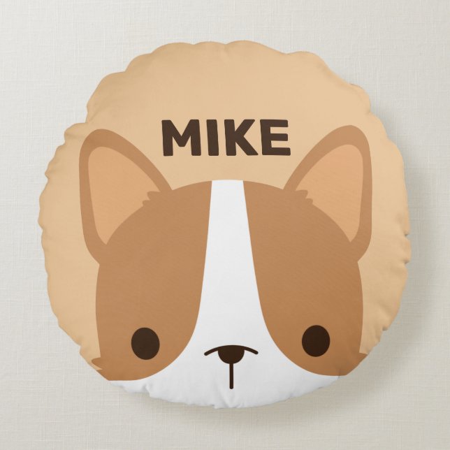 Cute Little Corgi Dog with Personalized Name Round Pillow (Front)