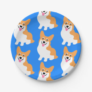 Cute Little Corgi Pattern Blue Custom Paper Plate