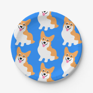 Cute Little Corgi Pattern Blue Custom Paper Plate