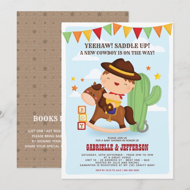 Cute Little Cowboy Baby shower Thème Invitation (Devant / Derrière)