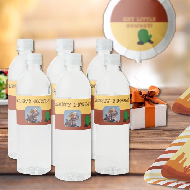 Cute little cowboy custom photo water bottle label (Unique photo water label cowboy party)