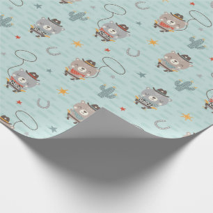 Cute Little Cowboy Sheriff Bear on blue Wrapping Paper