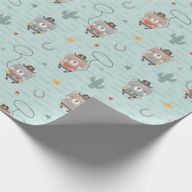 Cute Little Cowboy Sheriff Bear on blue Wrapping Paper (Corner)
