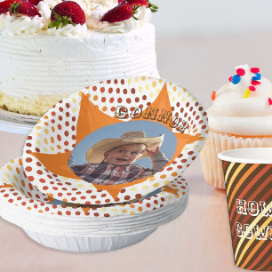 Cute little cowboy western polka dot birthday paper plate