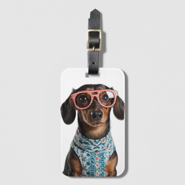 Cute Little Dachshund With Red Glasses Luggage Tag (Front Vertical)