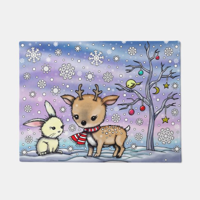 Cute Little Deer and Bunny Illustrated Art Doormat (Front)