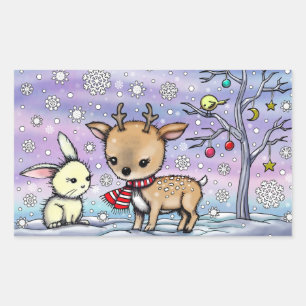 Cute Little Deer and Bunny Illustrated Art Sticker