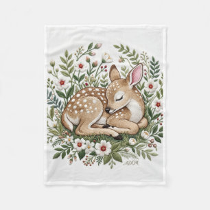 Cute Little Deer In Floral Wreath Nature Art Fleec Fleece Blanket