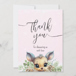 Cute Little Deer Pink Winter Snow Thank You Card