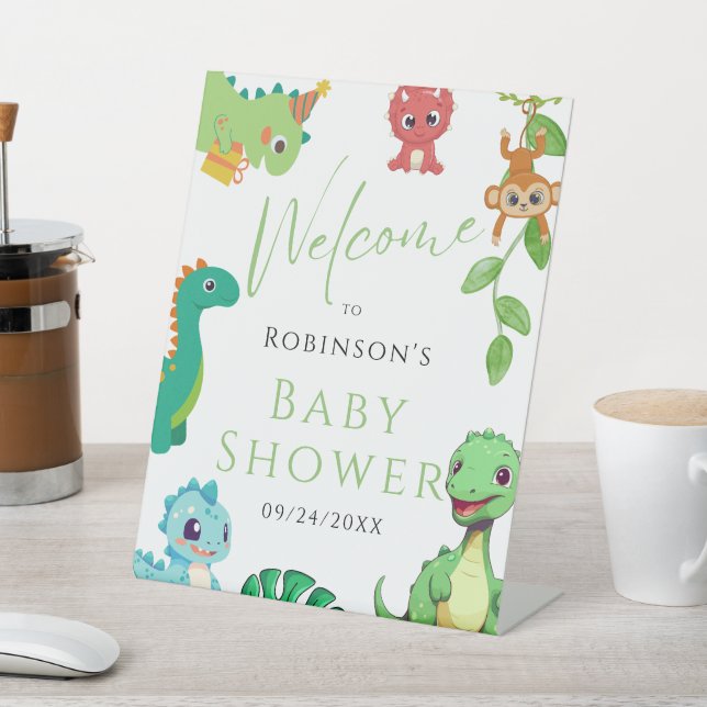 Cute Little Dino Baby Shower Pedestal Sign (In SItu)