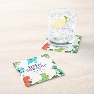 Cute Little Dino Baby Shower Square Paper Coaster