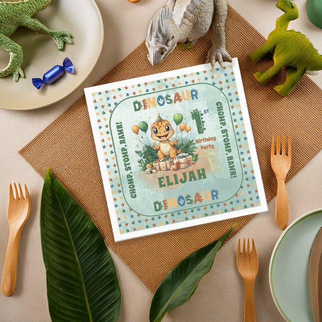 Cute Little Dinosaur Boy 1st Birthday Party Napkin (Cute Little Dinosaur Boy 1st Birthday Party Square Paper Napkins)