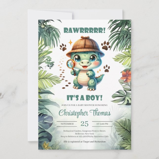 Cute little dinosaur detective it's a boy invitation (Front)