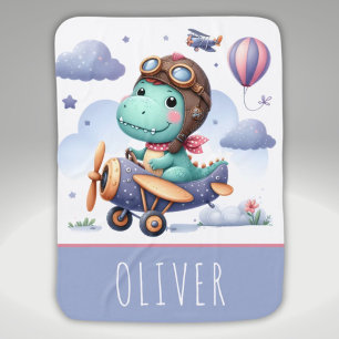 Cute Little Dinosaur Flying Purple Airplane Baby Blanket