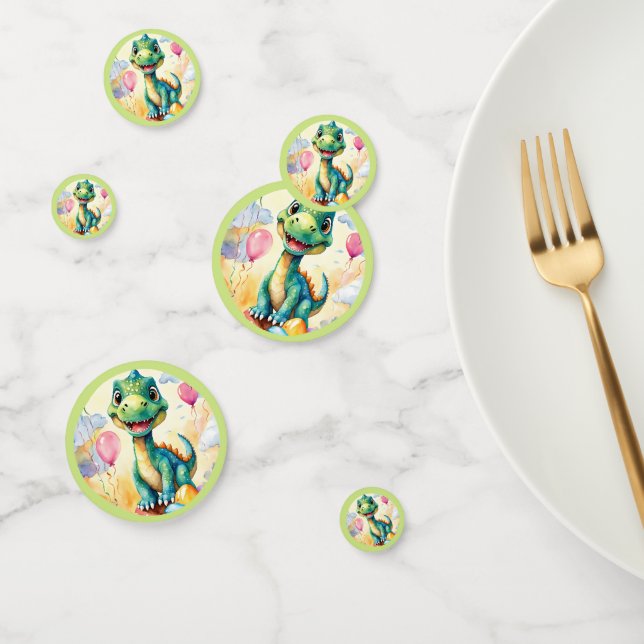 Cute little dinosaur with lots of colourful balloo confetti (Group)