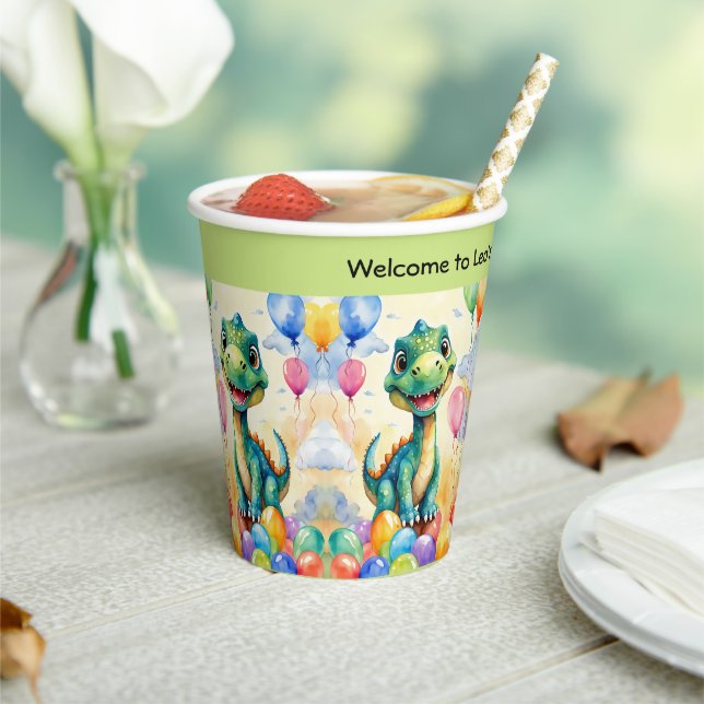 Cute little dinosaur with lots of colourful balloo paper cups (Insitu)