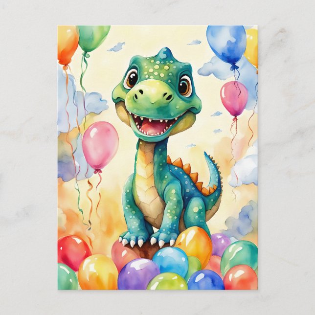 Cute little dinosaur with lots of colourful balloo postcard (Front)