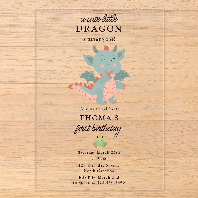 Cute Little Dragon Boy Kids Birthday Party Acrylic Invitations (Front)
