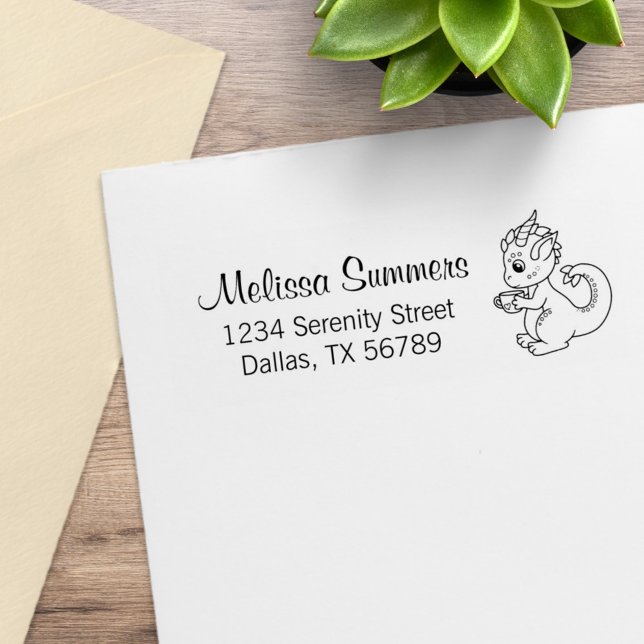Cute Little Dragon Holding a Cup Address 2 Rubber Stamp (Creator Uploaded)