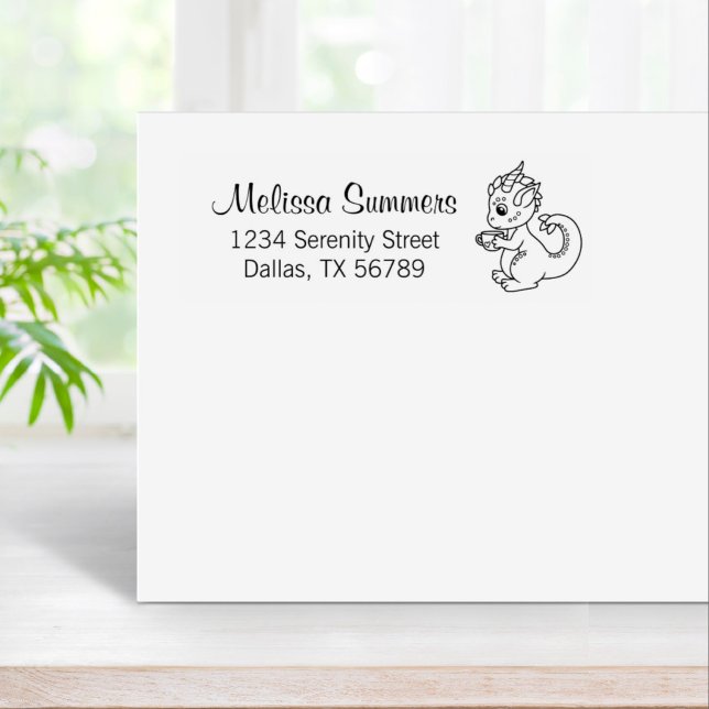 Cute Little Dragon Holding a Cup Address 2 Rubber Stamp (Creator Uploaded)
