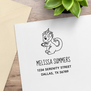 Cute Little Dragon Holding a Cup Address Rubber Stamp
