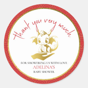 Cute Little Dragon Is On The Way Red Baby Shower Classic Round Sticker