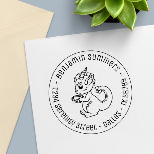 Cute Little Dragon with a Teacup Round Address Self-inking Stamp