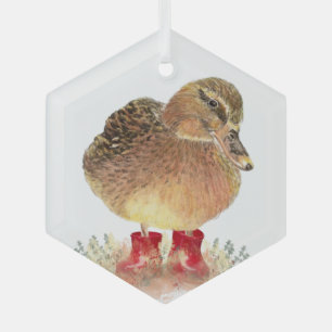 Cute Little Duck Ducky Red Rubber Boots Fun Glass Ornament