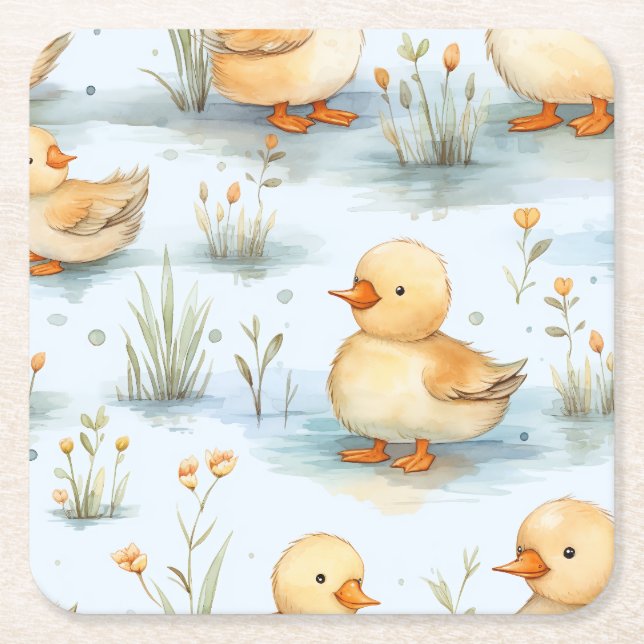 Cute Little Duckling Pattern Square Paper Coaster (Front)