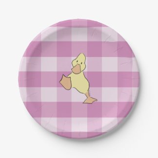Cute Little Duckling Pink Gingham Baby Shower Paper Plate